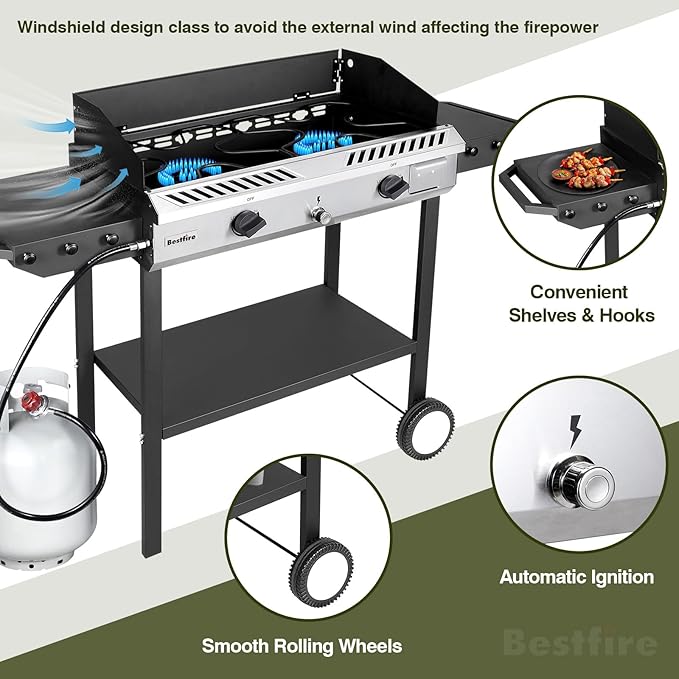Bestfire 2 Burner Propane Stove Outdoor Camping Gas Stoves 150,000 BTU Auto Ignition with Regulator and Side Shelves Perfect for Patio Home Cooking and Frying