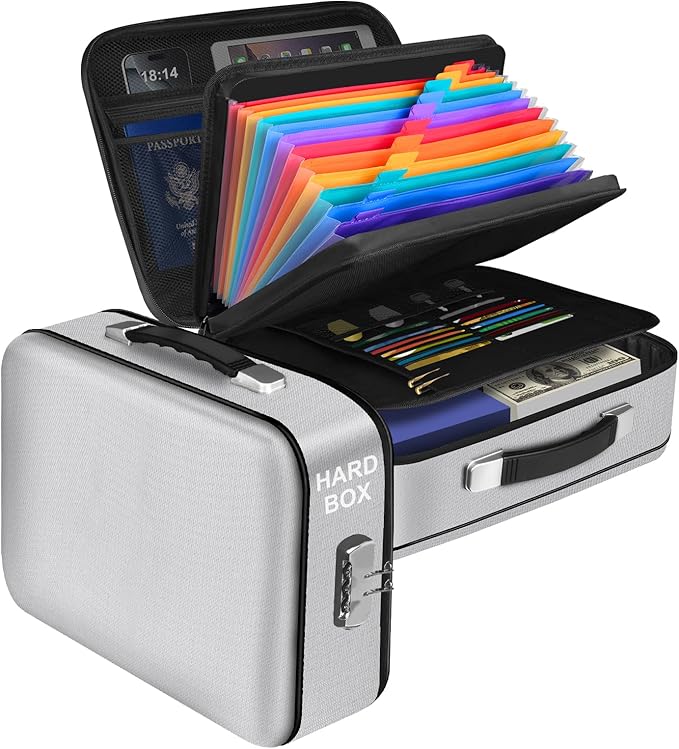 Fireproof Document Box, Hard Shell Fireproof Box, Document Organizer with Lock, Fireproof Water Resistant box, Portable Documents Safe Box for Important Document Certificates, Laptop, Passports,Silver