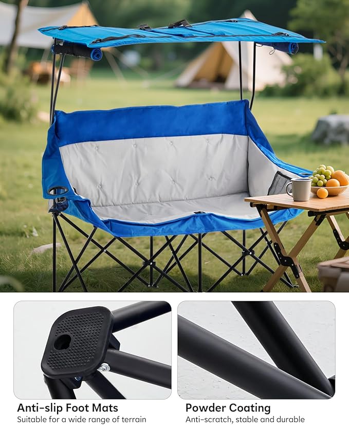 CLIPOP Double Camping Chair with Canopy, Portable Outdoor Folding Chair with Cup Holders, Side Pocket, Oversized Beach Chair with Canopy Shade for Lawn Patio Hiking, Blue