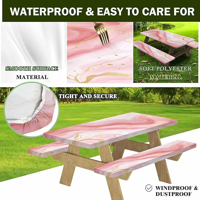 CAPSCEOLL Elastic Picnic Table Cover with Bench Covers 5Ft Waterproof Fitted Picnic Table Cover Cloths for Outdoors Camping Tablecloth with Drawstring Bag, 60X30in, Pink Marble