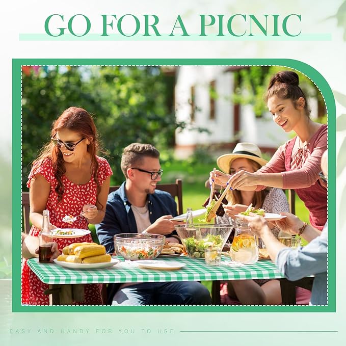 3 Pcs Plastic Picnic Table Cover Checkered Tablecloth Fitted Rectangular Table Cloth 30 x 72 Inch Vinyl Waterproof Flannel Backed with Elastic Rim for Indoor Outdoor Picnic Party(Green and White)