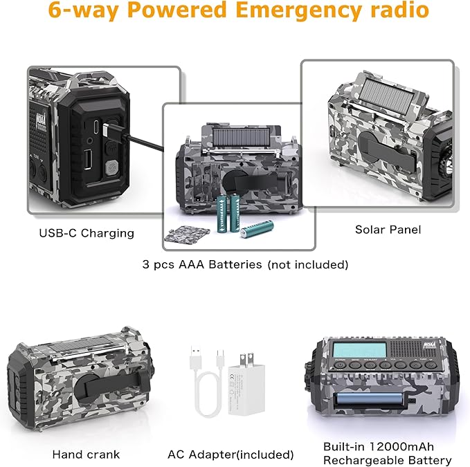 Emergency Radio 12000mAh with NOAA Weather Alert | Solar, Hand Crank, Battery AM/FM/Shortwave with Type-C Charger, Flashlight, SOS for Hurricane, Camping, Outdoor Survival