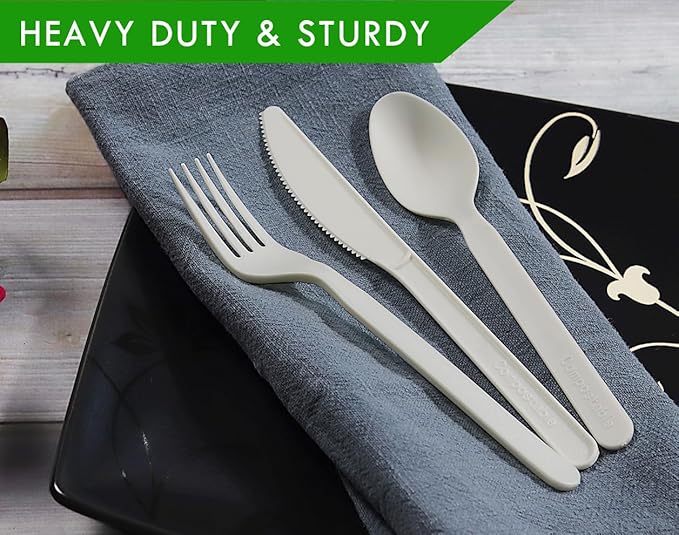 GreenWorks 300 Count 7" Heavy-duty Compostable Cutlery Set,100 Forks 100 Spoons 100 Knives,BPI Certified Large t Disposable Bio-based Cutlery