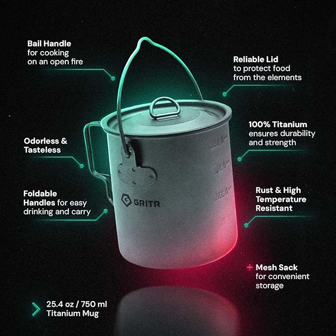 GRITR Titanium Mug, 15.2 fl oz / 25.4 fl oz | Camping, Backpacking, Picnic, Hiking, Travel, Outdoor Cooking Gear w/Lid & Folding Handles | Ultralight Multi-Purpose Metal Cup for Water, Coffee, Tea