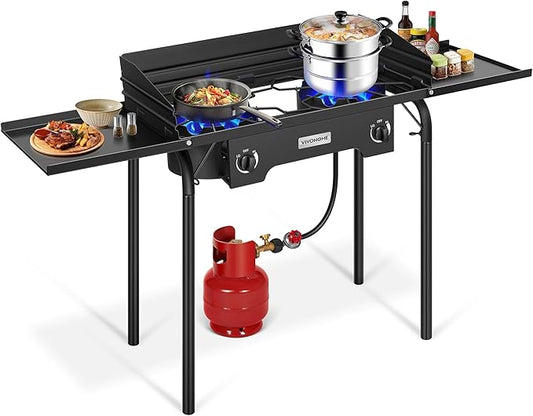 VIVOHOME 2 Burner Outdoor Propane Stove, Heavy Duty Gas Stove with 2 Side Panels and Windscreen, 150,000 BTU Camping Stove for Backyard Barbecues