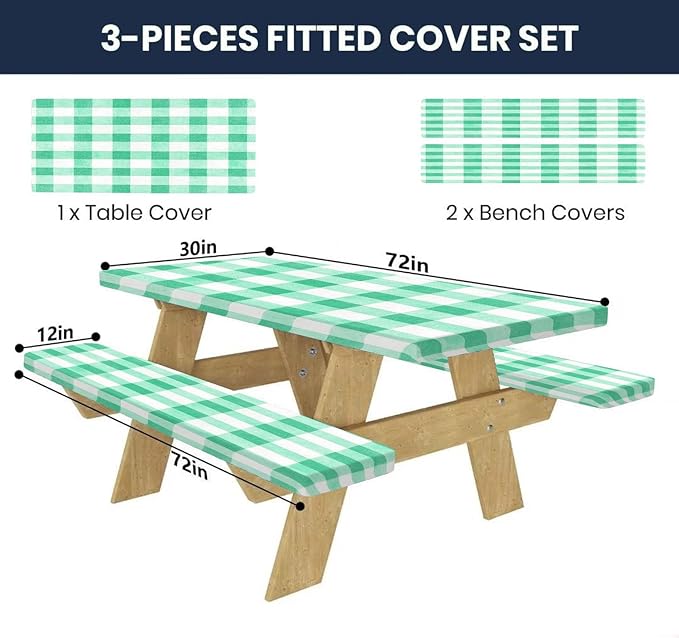 CAPSCEOLL Fitted Picnic Table Cover with Bench Covers with Elastic 6Ft Waterproof Camping Picnic Table Cover Cloths for Outdoors Camping Tablecloth with Drawstring Bag, 72X30in, Green Checkered