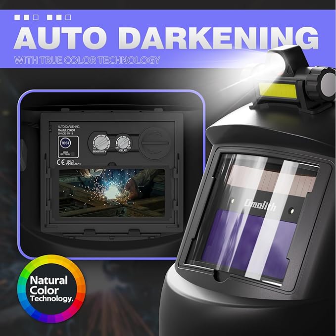 1/1/1/1 True Color Auto Darkening Welding Helmet with light, Solar Powered Wide Shade 4/9-13 for TIG MIG Stick Weld Hood Mask