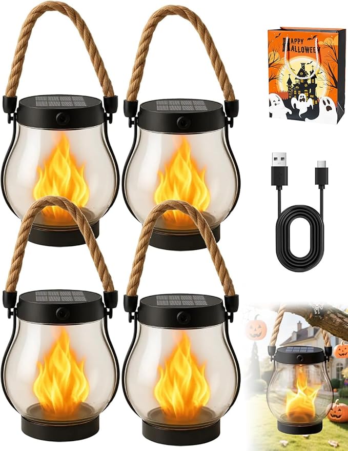 Solar Lantern Outdoor lamp - Waterproof Type Solar Flame lamp Can be Hung and Features Dancing Flames. Hemp Rope Suspended Flame Lantern, Dual Charging Mode, Smoke-Free (4PC)