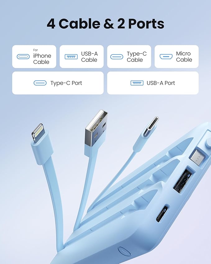 10000mAh Portable Charger, Slim Power Bank with Built-in Cables, Battery Pack 5 Outputs 2 Inputs LED Display Compatible with iPhone/Android & More (Blue)