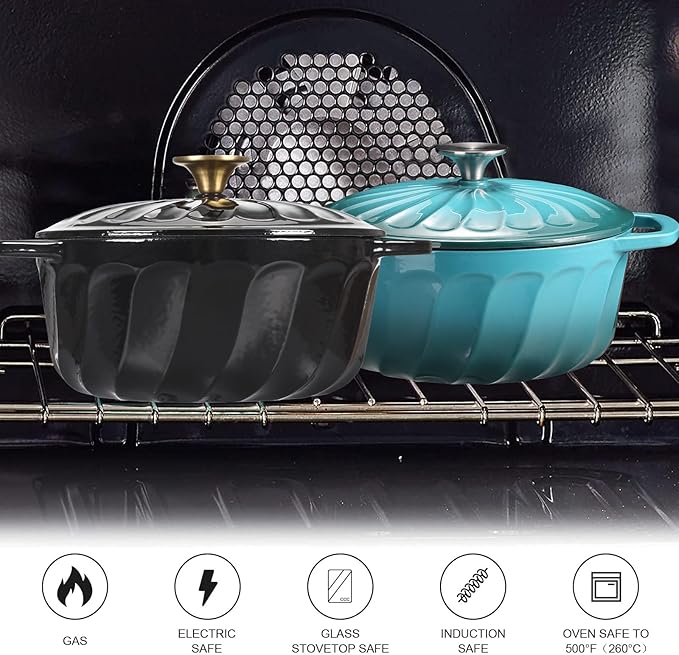 Enameled Cast Iron Dutch Oven with Lid, 6 QT Cast Iron Dutch Oven Pot, Dual Handles for Bread Baking, Cook, Bake, Oven Safe across All Cooktops (Black,6 QT)