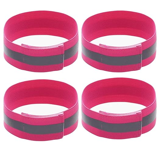 4 PCS Reflective Wrist Strap 4x1.5cm Running Safety Gear Reflective Wristbands High Visibility Bike Ankle Bands Reflector Armband Self-Adhesive Reflective Bands for Walking,Night Sports Pink