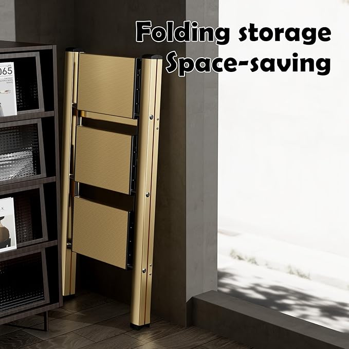 HillhutApex 3 Step Stool, Aluminum Foldable Step Ladder, Lightweight Stable Stool with Wide Non-Slip Pedals, 330lbs Bearing Capacity Ladder for Office,Home,Kitchen - Gold