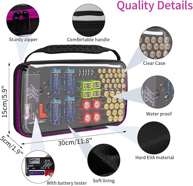Battery Organizer Storage Case with Tester,Clear Batteries Storage Organizers Holds, Just The Right Size Slot with stable handle,Holds 57 Batteries Various Sizes（Batteries are Not Included）(Purple)