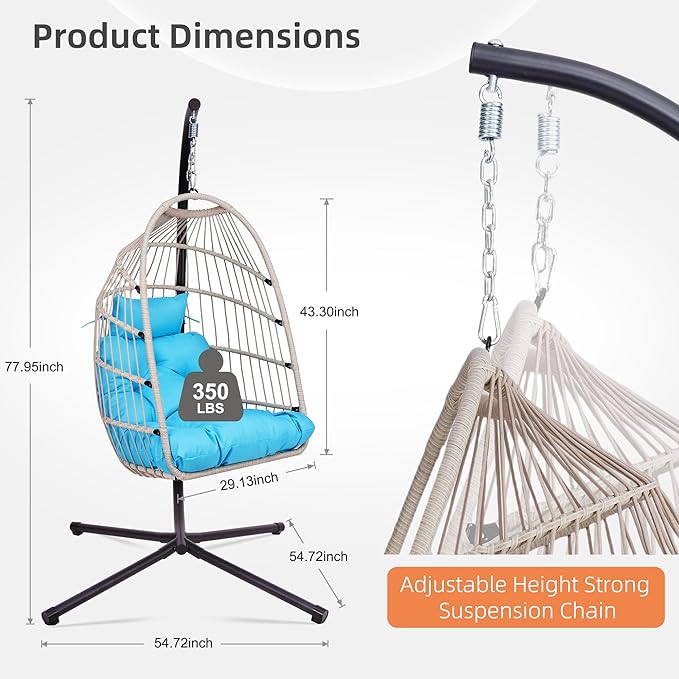 Foldable Hanging Egg Chair with Stand, HDPE Rattan and Heavy Duty Aluminum-Steel Frame, Outdoor Patio Wicker Swing Egg Chair with Headrest and Cushioned, 350 Lbs Capacity (Blue)
