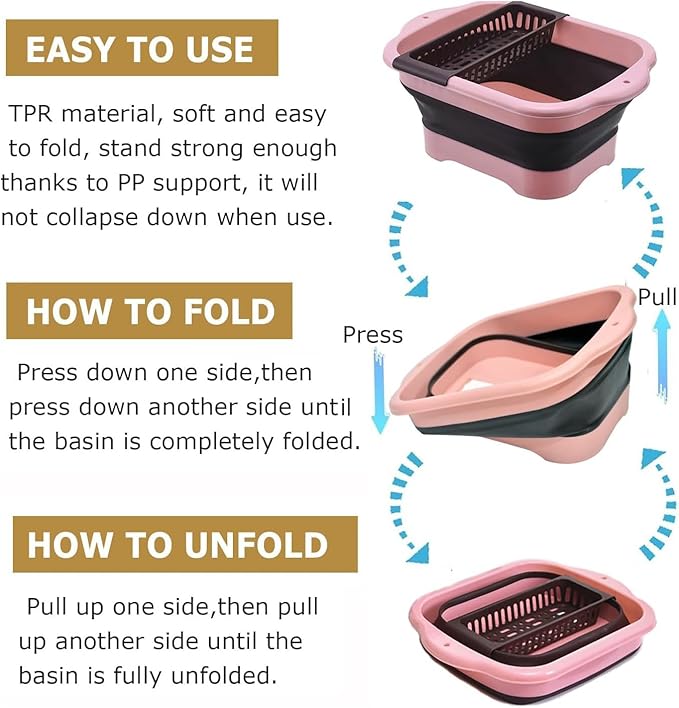 2.77 Gallon (10.5L) Collapsible Dish Basin with Drain Plug, Outdoor Multiuse Foldable Sink Tub, Dishpan, Wash Basin, Portable Kitchen Storage Tray for Camping, RV, Beverage Bucket (Pink)