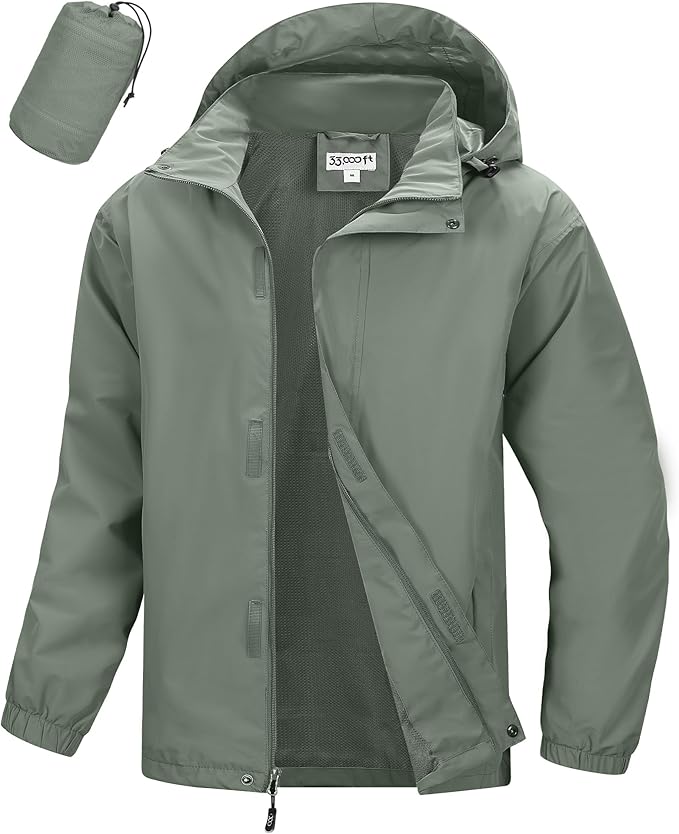 33,000ft Men's Packable Rain Jacket Waterproof Lightweight Raincoat Rain Shell with Hood for Outdoor Hiking Golf Travel
