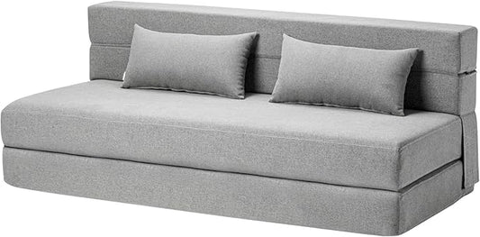 Folding Sofa Bed with Pillows- Convertible Chair Floor Couch & Sleeping Mattress, Foldable Memory Foam Sleeper for Living Room/Dorm/Guest Room/Home Office/Apartment/Loft, Queen, Light Gray