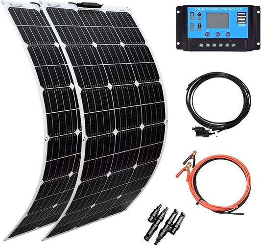 XINPUGUANG Solar Panel 12V 200W System Kit 100W Flexible Solar Panel Monocrystalline Battery Charger with Extension Cable 20A Charge Controller Power for RV Boat Cabin Car Trailer(200W-1)