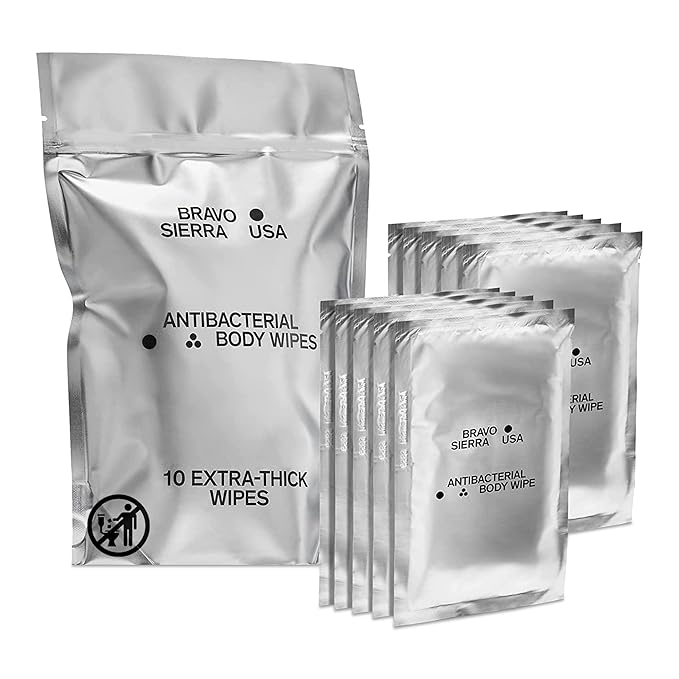 Body Wipes by Bravo Sierra - 10 Individually Wrapped Extra Thick Biodegradable Shower Wipes with Benzalkonium Chloride & Aloe Vera for Adults, Men and Women - No Rinse Bathing Camping & Travel Wipes