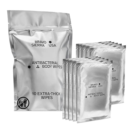 Body Wipes by Bravo Sierra - 10 Individually Wrapped Extra Thick Biodegradable Shower Wipes with Benzalkonium Chloride & Aloe Vera for Adults, Men and Women - No Rinse Bathing Camping & Travel Wipes