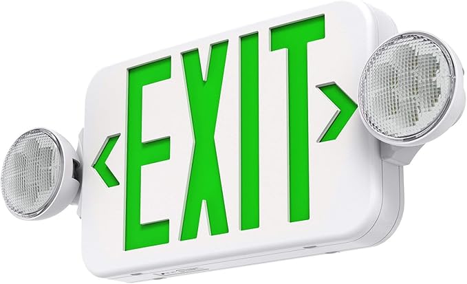 Green Led Exit Sign Emergency Light Combo Adjustable Two Head, Double Sided and Battery Backup Exit Light, Contractor Select, AC 120/277V (1 Pack)