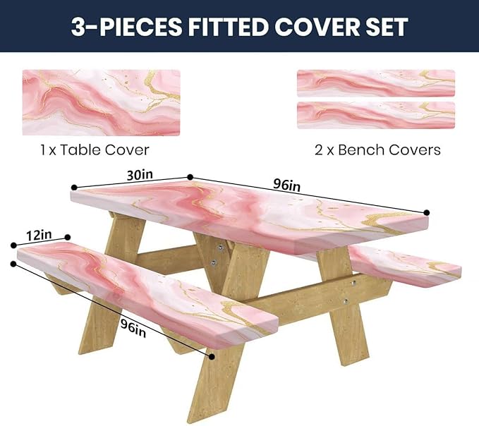 CAPSCEOLL Fitted Picnic Table Cover with Bench Covers with Elastic 8Ft Waterproof Picnic Table Cloths Windproof Outdoor Camping Tablecloth with Drawstring Bag, 96X30in, Pink Marble