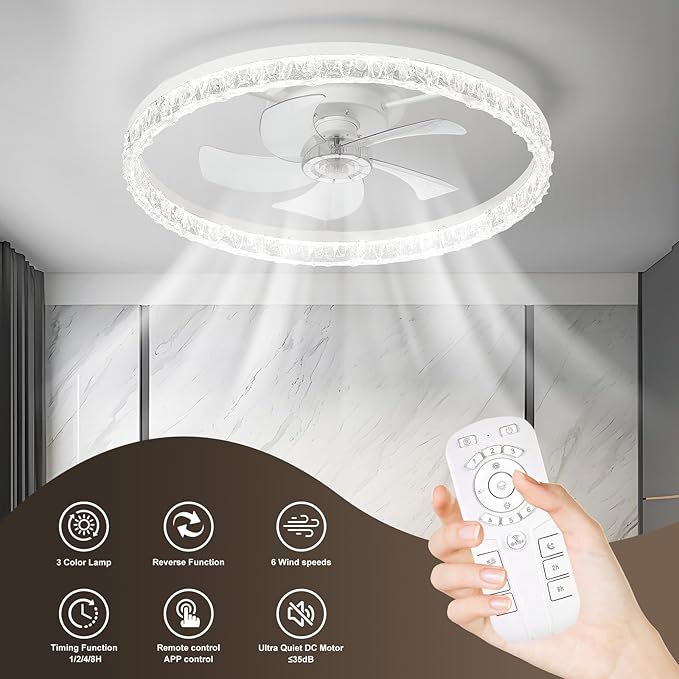 Ceiling Fans with Lights, 24 Inch Ceiling Fan with Light and Remote, Low Profile Reversible White Fandelier Ceiling Fan, Dimmable LED, Flush Mount, DC Motor, for Bedroom, Kitchen, Office