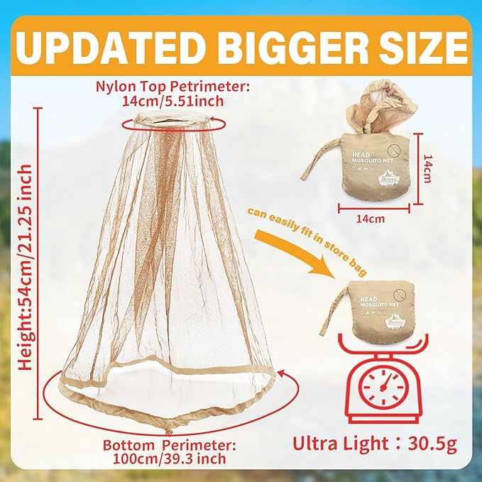 Benvo Mosquito Head Net Mesh One Piece Face Neck Fly Netting Cover from Bugs Gnats Noseeums Hat-Compatible Insect Shield for Fishing, Camping, Gardening (2pcs, Khaki, Upgraded Big Net)
