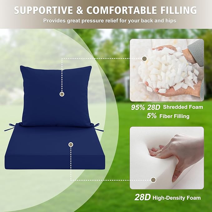 24x24 Inch Outdoor Cushions for Patio Furniture, Waterproof Outdoor Chair Cushions w/Fade-Resistant, Removable & Machine-Washable Cover, Deep Seat Sofa/Couch Pad Replacement – Set of 1/2/4, Navy Blue
