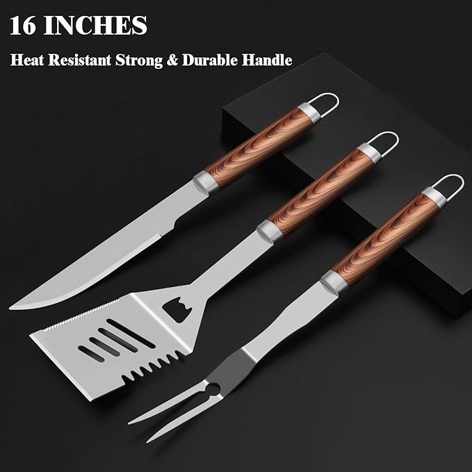 ROMANTICIST 25pcs Extra Thick BBQ Grill Accessories, Fathers Day Grilling Gifts Set for Men Dad, Heavy Duty Grill Tools Utensils Kit with Spatula, Tongs in Aluminum Case for Birthday Brown