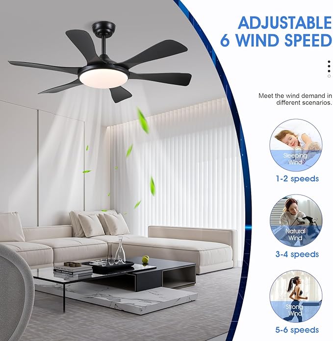 Ceiling Fans with Lights-47 Low Profile Ceiling Fan with Light and Remote/APP Control,Flush Mount,DC Reversible,LED Dimmable Black Ceiling Fans for Bedroom,Indoor/Outdoor Patio Use