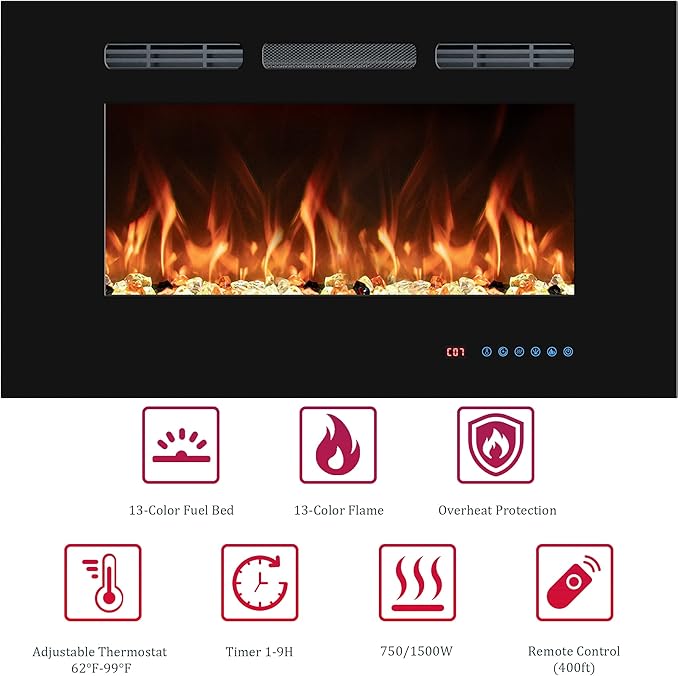36" Electric Fireplaces Inserts, Recessed & Wall-Mounted Fireplace Heater with Thermostat, Multicolor Flames,Timer, Log & Crystal, 750/1500W