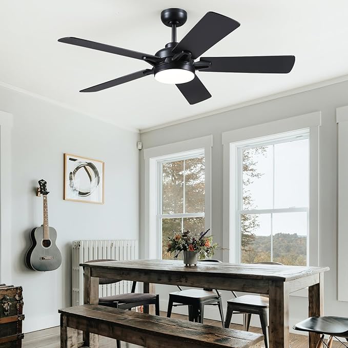 Ceiling Fans with Lights - 52 Inch Black Low Profile Ceiling Fan with Remote Control, 3CCT Dimmable Lighting, 6 Speeds Reversible, Modern Ceiling Fan Light for Indoor/Outdoor Use