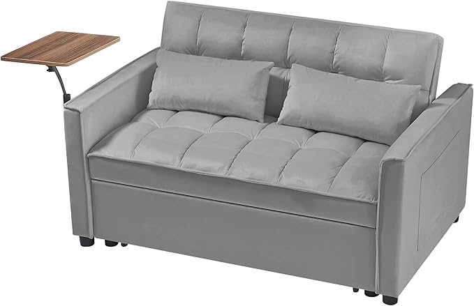 53.14" Convertible Sleeper Sofa Bed with Swivel Table, Adjustable Backrest & Side Pocket, Pull-Out Velvet Loveseat Futon for Small Spaces, Easy Assembly, 3-in-1 Couch Bed for Living Room
