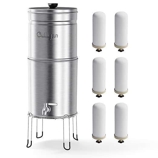 Culligan with MaxClear Technology 3 Gallon Gravity Water Filter System, Brushed Countertop Ceramic Water Filter Dispenser NSF/ANSI Certified to Reduce Lead, Microplastics & Total PFAS, with 6 Filters