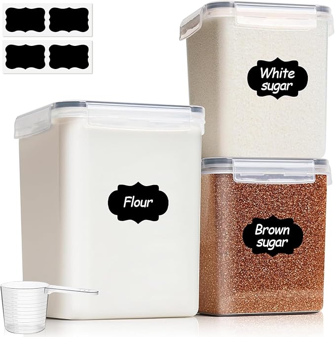 ComSaf Flour Sugar Storage Containers Set of 3 (5.2L/175oz) (2.5L/84oz*2), Large Airtight Food Storage Containers with Lids, Plastic Canisters Sets for Kitchen, Pantry Organizers for Rice and Baking