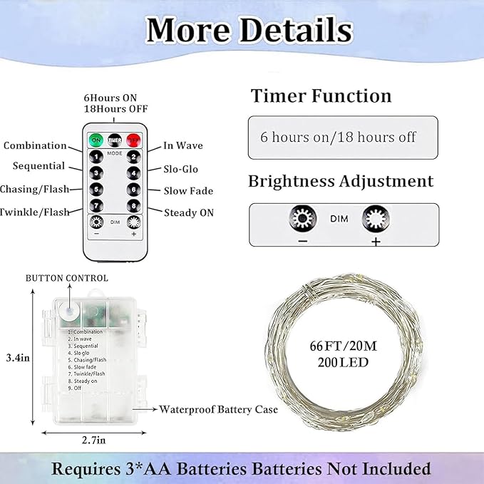 2-Pack Fairy Lights Battery Operated with Remote, Waterproof 66FT 200 LED Battery String Lights Outdoor Indoor, 8 Modes Twinkle Lights with Timer for Bedroom Wedding DIY Christmas Decor (Cool White)