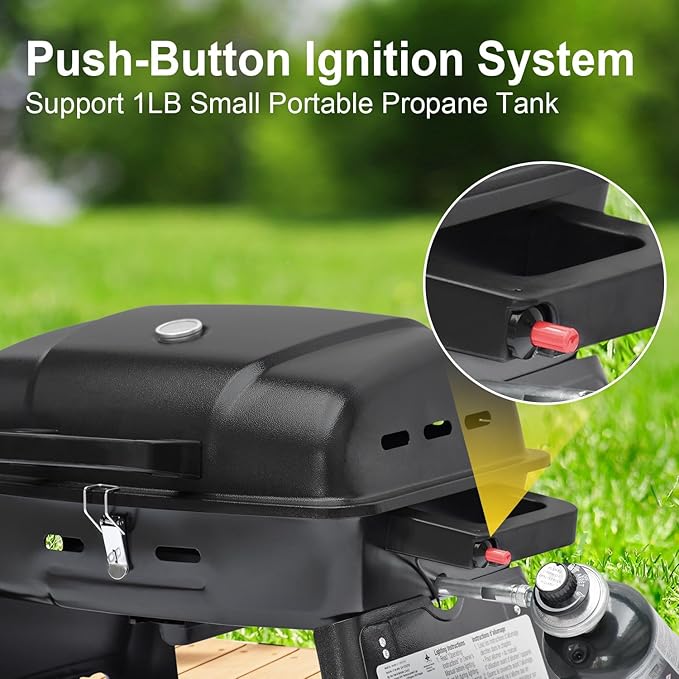 BrandMan Portable 1-Burner Tabletop Propane Gas Grill – Compact BBQ Grill with 239.9 sq.in Cooking Area, Lid Lock, Thermometer & Foldable Legs for Camping, Tailgating & Outdoor Cooking