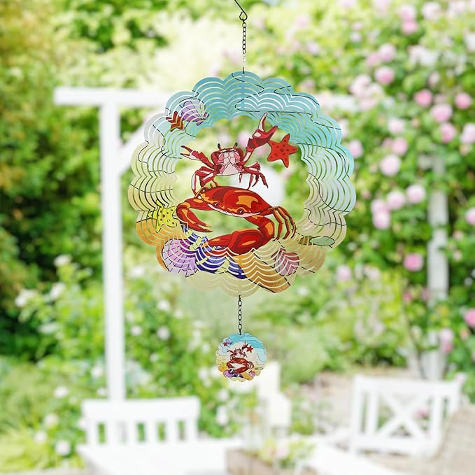 Crab 3D Wind Spinner Kinetic Metal Art Hanging Wind Spinner Outdoor Decoration Ocean Ornaments Decor for Yard and Garden