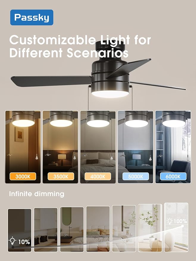 Ceiling Fans with Lights, 42 inch Low Profile Ceiling Fan with Pull Chain and Remote Control, Flush Mount, Reversible, 5CCT, Dimmable, Noiseless, Black Pull Cord Ceiling Fan for Bedroom