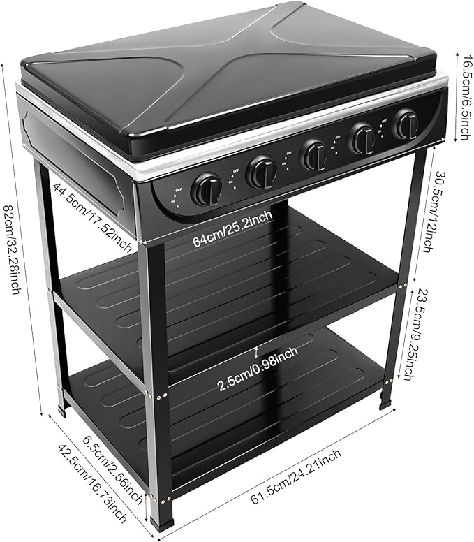 5-Burner Natural Gas Stove, Outdoor Camping Grill Stove, Portable Floor Standing Cooktop Cooker with Storage Stand and Wind Blocking Cover, Manual Ignition for Outdoor RV (Black)