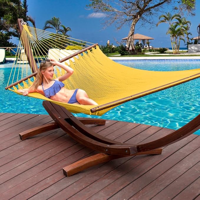 Lazy Daze Hammocks 10.5 FT Double 2 Person Caribbean Rope Hammock, Hand Woven Polyester Hammock with Spreader Bars, for Outside Outdoor Backyard Patio Poolside,450 LBS Capacity, Yellow