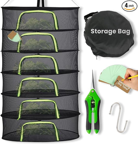 6 Layer 24" Herb Drying Rack Hanging with Garden Pruning Shears, Large Zipper, Hook & Notepad, Foldable Drying Rack for Herbs, Spices & Seasonings, Hanging Herb Dryer Indoor & Outdoor