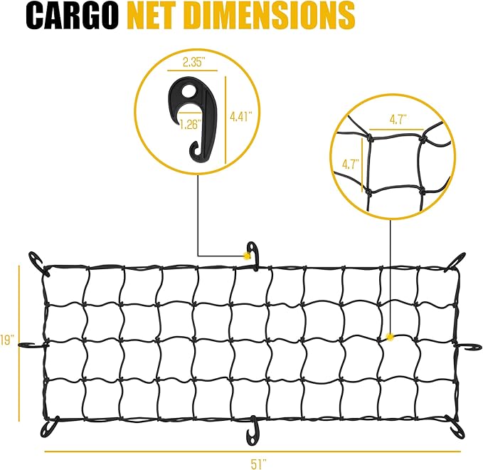 ARKSEN 51" x 19" Heavy Duty Tangle-Free Nylon Cargo Net(4.7" x 4.7" Mesh), Universal Bungee Net for Pickup, Trucks, SUV, Roof Racks, and Travel Luggage Racks