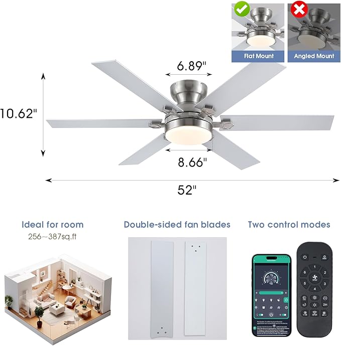 52" Low Profile Ceiling Fans with Lights and Remote, Modern Indoor Ceiling Fans with 3 Colors 6 Speeds, Flush Mount Fan Light Indoor & Outdoor, Reversible DC Motor,Sand Nickel