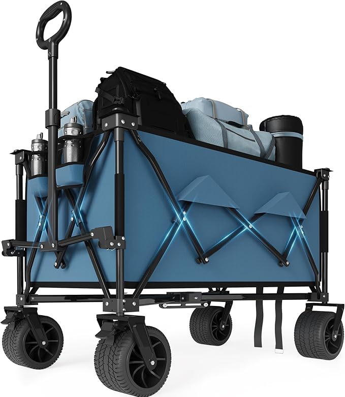 Heavy Duty Foldable Wagon for Beach, Extra Large Collapsible Foldable Wagon for Camping, All Terrain Beach Wagons Extended with Cup Holders for Sand
