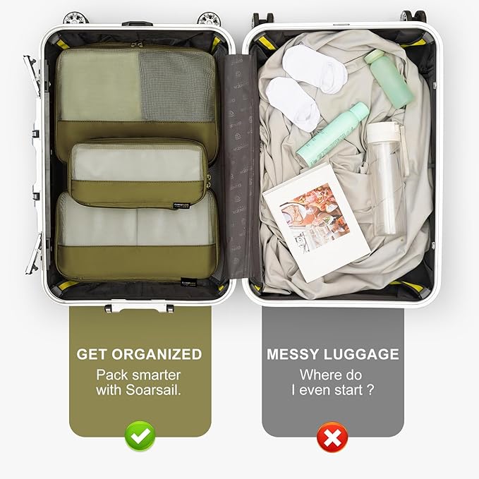 4 Set Compression Packing Cubes for Travel, Suitcases and Backpack Space Saving Organizers (Army Green)