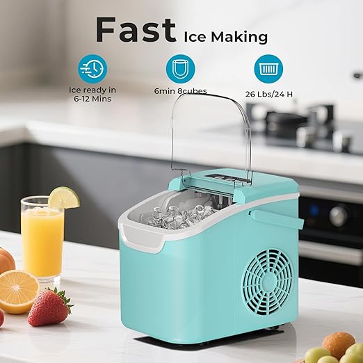 Countertop Ice Maker – 8 Bullet Ice (6 Mins), 26.5lbs/24Hrs – Self-Cleaning, Portable & Adjustable Size with Touch Display