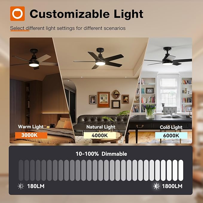 addlon Ceiling Fans with Lights, 42 inch Black Ceiling Fan with Light and Remote Control, Reversible, 3CCT, Dimmable, Noiseless, Small Ceiling Fan for Bedroom, Farmhouse, Indoor/Outdoor Use