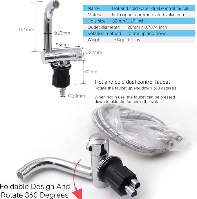 Cafe Bar Kitchen RV Sink with Folding Faucet A and Lid, Stainless Steel Single Bowl Hand Wash Basin Drop In Sink with Cover for Bar Caravan Van RV Camper Motor Home Trailer Accessories